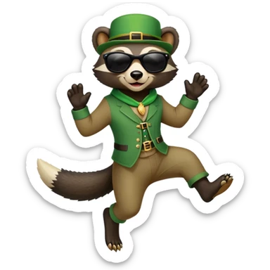 friendly anthropomorphised honey badger in a casual green-themed outfit with St. Patrick's Day accessories, wearing sunglasses, jumping, no beer sticker