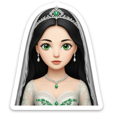 Hyper Realistic ornate ballgown long sleeve Wedding dress with diamanté on Russian bride with green eyes and long black hair with veil hyper realistic  sticker