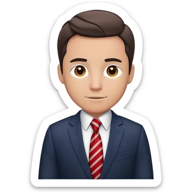 man wearing a dark blue-gray business suit with black horizontal stripes on the arms and legs, white shirt and red tie sticker