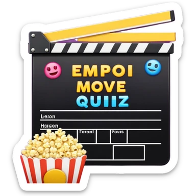 A colorful title slide for "The Emoji Movie Quiz" slideshow game with movie clapperboard, popcorn, and quiz elements arranged in presentation format sticker