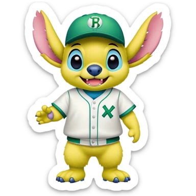 Mascotte in een baseball tenue in geel en groene kleuren met de vormen van stitch  sticker