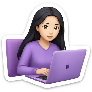 Long hair asian woman working on lavender laptop with brown eyes sticker