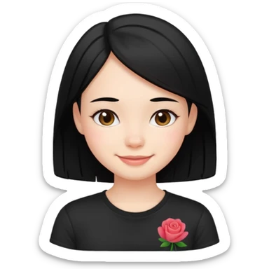 a pretty bratz fair girl with straight black hair, wearing a black tshirt, smiling sticker