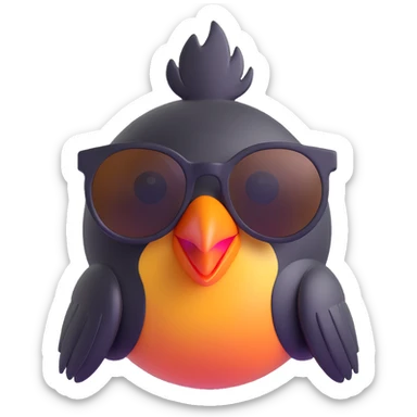 Make the bird emoji more emoji-like with a smooth, shiny 3D look, vibrant colors, and an expressive face. Keep the same pose, orange beak, and round sunglasses. No background. Style should match modern emoji aesthetics. sticker