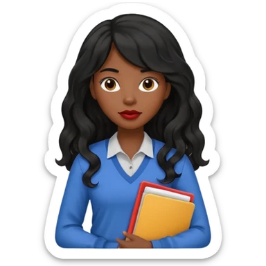 A young woman with long black hair, a wavy frange falling on half of her head. There's a long wavy stretch of hair falling on the side of her head. She's black, medium to dark skinned with thick lips. She's holding folders, and she's a CEO, but she's wearing casual clothes. sticker