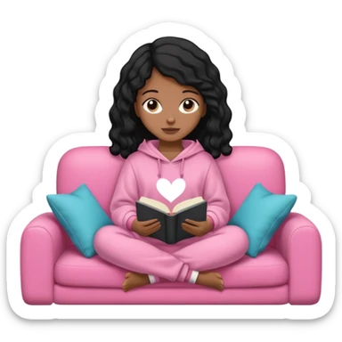 Una chica linda de cabello negro con ondas hasta los hombros de piel blanca con una sudadera rosa en un sofá cómodo y hermoso leyendo la biblia sticker
