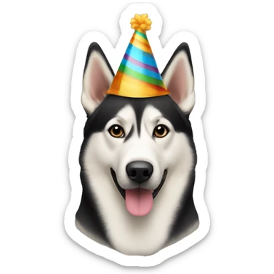 An adult husky mixed with a German shepherd with birthday hat sticker