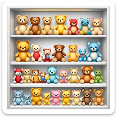 Icon for Toy Collecting: a collection of various vintage toys such as dolls, action figures, and plush animals, displayed neatly on shelves or in display cases. The icon should evoke the joy and nostalgia of collecting toys. Transparent background. sticker
