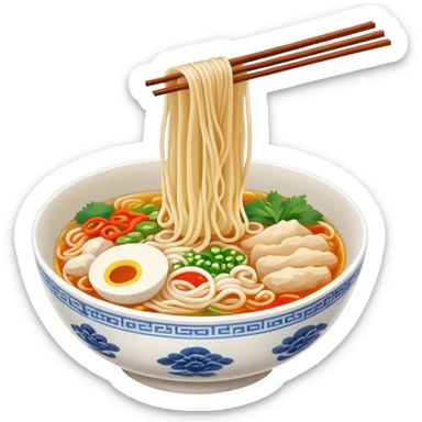 Yunnan over-the-bridge rice noodles with separate ingredients, simplified emoji style with bold outlines and bright colors, cartoon style Chinese noodle dish sticker
