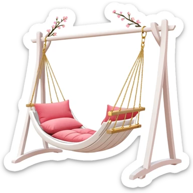 Romantic white wooden pastel-red-pink cushions hammock-swing with tiny gold flowers around sticker