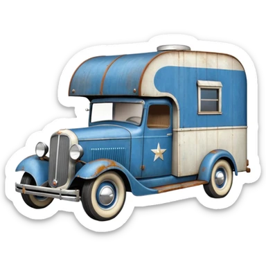 A 1934 ratty old antique rat Chevrolet hot rod caravan pulling a large matching trailer, blue and pearl  sticker