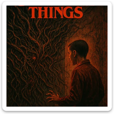 Stranger Things series horror poster style, Eleven facing a wall of writhing vines from the Upside Down, intense and supernatural scene sticker