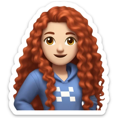 a white girl with long red curly hair and freckles, wearing periwinkle Minecraft hoodie playing a videogame smiling sticker