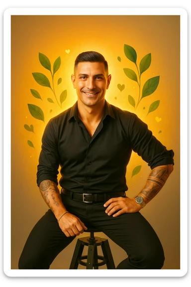 Add visual elements that demonstrate physical and mental well-being: details like a glowing aura, symbols of positive energy, small graphic elements evoking health such as hearts, green leaves, warm light around the face, maintaining a realistic and cinematic style, aspect ratio 2:3. sticker