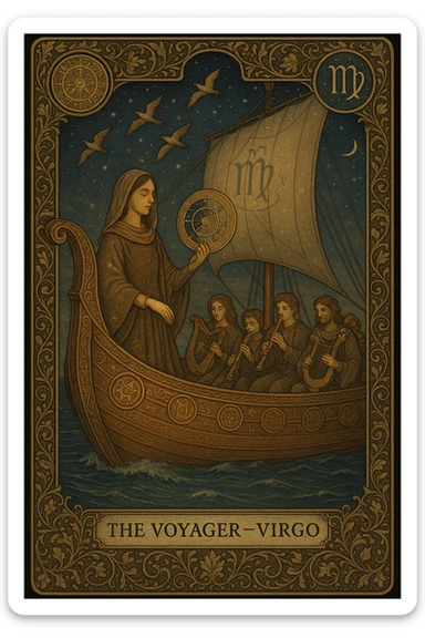 Create a Tarot card titled "The Voyager – Virgo" featuring a serene Virgo figure traveling on a majestic ship across a starlit sea. The Virgo appears graceful and introspective, wearing flowing earth-toned robes embroidered with fine constellations and botanical patterns. She holds a celestial map or astrolabe, symbolizing wisdom and direction. The ship is ornately carved with zodiac motifs, arcane symbols, and detailed woodwork representing elements of nature and time. Birds soar overhead in elegant formation, symbolizing spiritual guidance, while a group of musicians onboard plays harps, flutes, and lyres—each instrument etched with runes and celestial glyphs. Surrounding the card’s border are elaborate vine patterns, miniature zodiac wheels, and golden filigree that shimmer with ethereal light. The background should feature a richly textured twilight sky with layered stars, subtle planetary alignments, and faint Virgo glyphs woven into the sails and horizon. The overall composition should evoke mystery, harmony, and divine purpose, blending traditional Tarot symbolism with intricate artistic craftsmanship sticker