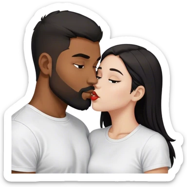 brown skinned man with black short hair and black short beard with white tshirt kissing white girl with long brunette hair in white tshirt sticker
