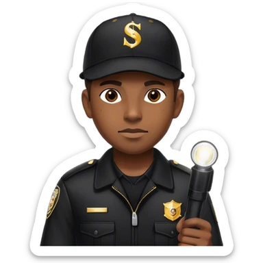 A vigilant male security guard wearing a black uniform, a baseball cap with ‘SECURITY’ embroidered on it, and a black jacket. He holds a flashlight  shining its beam forward, np police uniforms, no badge sticker