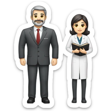 husband classy caucasian 55 some dark gray hair trimmed beard wearing business suit holding bible, with wife asian age 55 dark hair nurse uniform, no children sticker