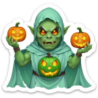 male orc ghost emoji, green skin, tusks, wearing torn white ghost sheet costume, holding glowing jack-o'-lantern, faint blue aura, friendly but spooky expression, Halloween fantasy theme, Apple emoji style, clean white background, square sticker