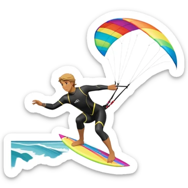 A kite surfer gliding across the water with a colorful kite soaring in the wind. The scene captures the excitement and fluid movement of the sport, with waves splashing around and a clear sky, emphasizing freedom and adventure. sticker