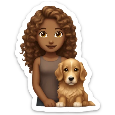 Tan skinned girl with  long brown curly hair with a golden retriever puppy sticker