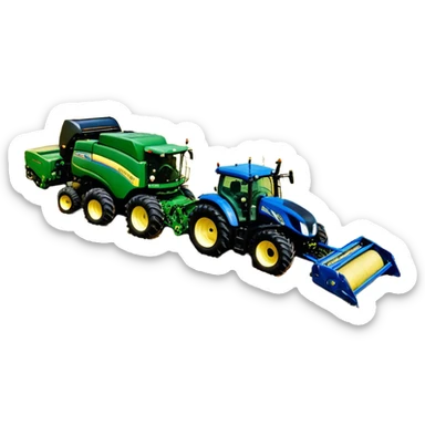 Baler – New Holland Roll-Belt 560 (2018) – Cinematic-realistic John Deere 6155M tractor towing a New Holland Roll-Belt 560 baler, its deep green body contrasting with the bright blue baler. The massive machine moves steadily through golden fields, compressing freshly cut hay into tight round bales, while dust swirls under the blazing afternoon sun. sticker