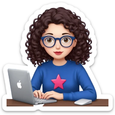 a white young woman with very long curly dark brown/chocolate hair typing in a computer. she's using round glasses, her lips are light red and her cheeks slightly pink. Her eyes are dark brown. She's using a dark blue knit sweater that has a tiny star in the middle   sticker