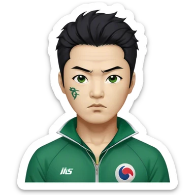 Jang Deok-su , Age: Late 40s
Appearance: A fierce man with tattoos, A large black hair, have a tattoo on his neck.
Outfit: Green player tracksuit sticker