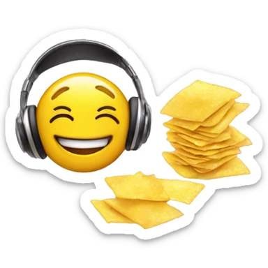 yellow smiley face with lash extensions and headphones blowing bubble gum and holding chips pack sticker