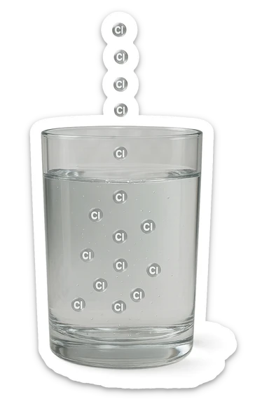 un bicchiere di acqua fluttua in aria realistico e dettagliato, dentro l'acqua del bicchiere ci sono particelle di cloro ben visibili con la scritta "Cl" sopra, ci sono particelle anche che escono dal bicchiere e fluttuan
o in aria verticalmente, mentre alcune sono all'interno dell'acqua nel bicchiere, iperrealistico 4k sticker
