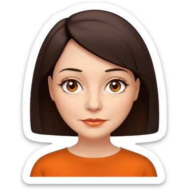 create an emoji of a woman. She has a few wrinkles, with a classic bob, dark brown hair, brown eyes, pale skin. she wears a an elegant orange top. sticker