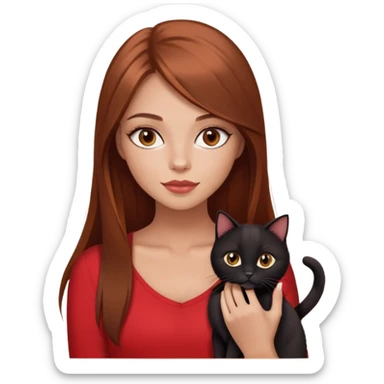 pretty girl, the girl has brown auburn hair, light skin but tanned a bit, hazel almond shaped eyes, long lashes and light make up, the girl has loose straight hair, and she’s wearing red top and holding black cat in her hands, the girl has red nails  sticker