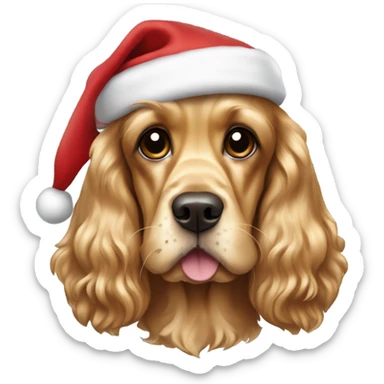 golden English cocker spaniel wearing a Santa hat sticker