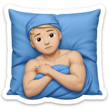 A young muscular male with short dark-blonde hair, medium-light skin, and a neutral expression, dressed in blue cloth. He lies on his side, arms around a soft white pillow, with his head on a smooth blue pillow. A flowing blue blanket covers him in silky folds. sticker
