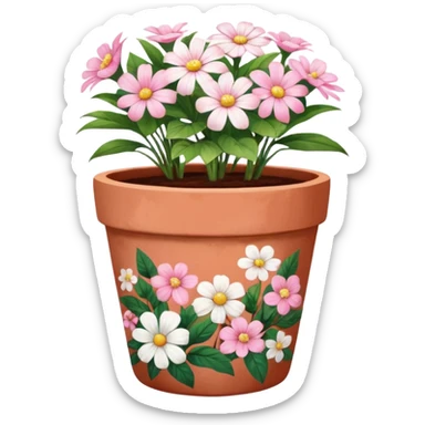 plant pot in terra cota with white and pink flowers print painted on the pot sticker