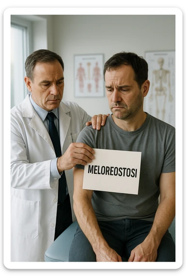 A realistic, cinematic illustration set in a bright, modern medical office. A middle-aged doctor in a white lab coat with a serious expression is shown gently placing a large paper label on the shoulder of a male patient sitting on the examination table. The label has the word 'Meloreostosi' written on it, symbolizing the act of labeling the patient with his rare bone condition. The patient looks confused and slightly disheartened, wearing a simple t-shirt with part of his arm exposed, showing subtle signs of bone thickening or deformation associated with melorheostosis. The background includes medical charts and a softly blurred skeleton model, emphasizing the medical setting. The lighting is bright but neutral, conveying a sterile, clinical atmosphere while focusing on the symbolic moment of receiving a diagnosis label. The mood is introspective and slightly heavy, illustrating the emotional weight of being defined by a rare chronic condition sticker