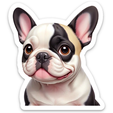 Cinematic Cute Pied French Bulldog Portrait Emoji, Head tilted with a sweet, mischievous grin and large, inviting eyes, featuring a unique pied fur of contrasting colors, simplified yet irresistibly endearing, highly detailed, glowing with a warm, playful radiance, high shine, exuding a quirky charm and affectionate personality, styled with a soft, lighthearted outline, capturing the essence of a cute Pied French Bulldog that looks ready to charm its way into your heart! sticker