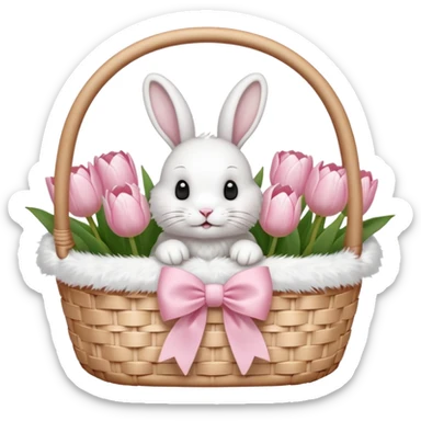 A white Picnic basket with light pink bow, white peonie, tulips and a white rabbit inside sticker