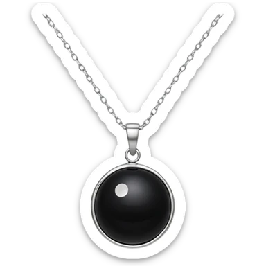 polished round black onyx pendant on a delicate silver chain, glowing faintly like a celestial orb sticker