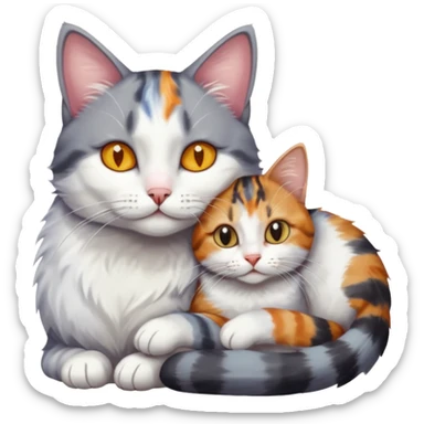 grey and white cat cuddling a colourful light patched calico + white tabby cat sticker