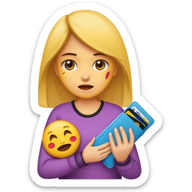 Emoji de una chica joven mostrando que no tiene dinero, sosteniendo una billetera vacía, expresión preocupada o triste, estilo emoji moderno y minimalista, colores planos, líneas limpias, fondo transparente. sticker