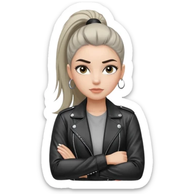 สีตาสีเทาอ่อน มีประกายคม
คิ้วได้รูป มองแล้วดูสตรอง
ผมหางม้าสูง
ลุคสตรีทแฟชั่น
ท่าโพสกอดอก
ฟีล: Girl Boss, cool beauty, minimal but powerful sticker
