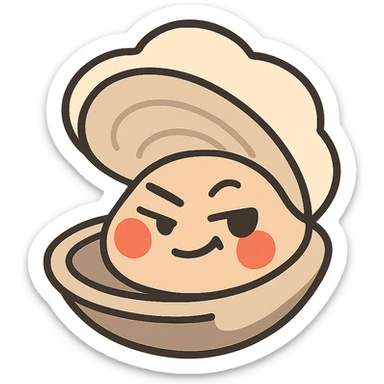 Create a cute oyster with a winking and malicious expression, very red cheeks, inspired by the reference image. Use pastel toon style with cream and greige colors. Make the background transparent. sticker