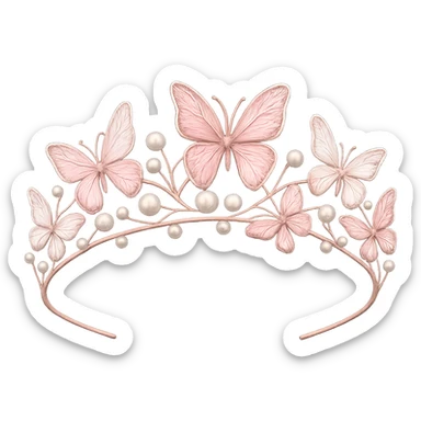 Edit the butterfly crown to feature pink metal, pink and white butterflies, and pearl accents for a soft, enchanting look. Keep the background transparent. sticker