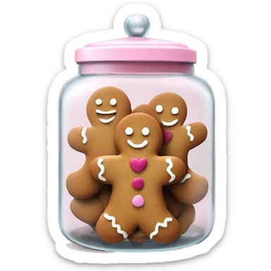 realistic glass cookie jar with pale pink lid with isolated gingerbread mans with heart cookies full sticker