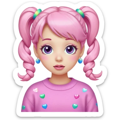 “Emoji girl, pastel pink blush, sparkly wide eyes, glossy bubblegum lips, hair in cute pigtails with colorful clips, wearing oversized pastel sweater.” sticker