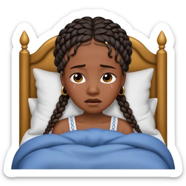 Black woman with braids in a big king size bed on one side by herself crying sticker