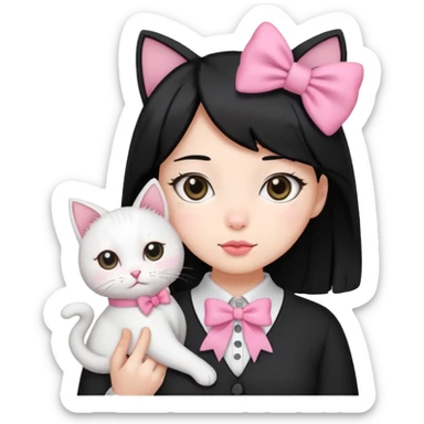 A gurl black hair with one pink bow holding one white cat sticker