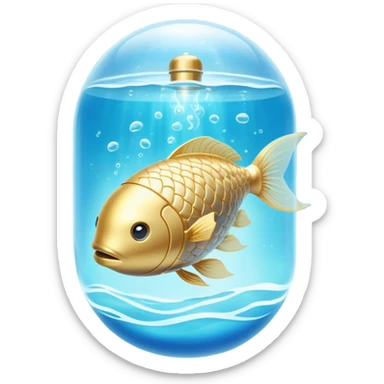 Golden capsule floating in a soft blue liquid current, with a translucent fish swimming around a luminous suspended brain. Small waves of light emanating from the brain as if expanding calm, focus and mental fluidity. Ethereal appearance with flowing elements. sticker