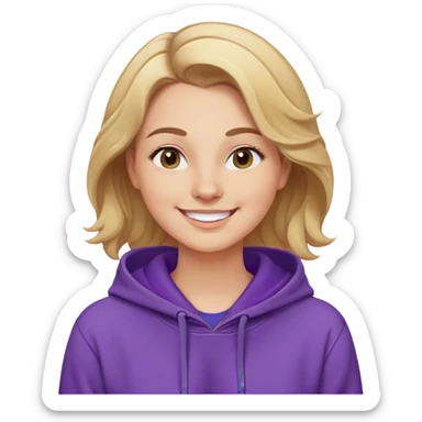 Mujer caucasian, cara redonda, cejas suaves, pelo ondulado castaño claro con puntas rubias, raya al lado. Sonrisa amplia, expresión feliz. Hoodie lila puesta sticker